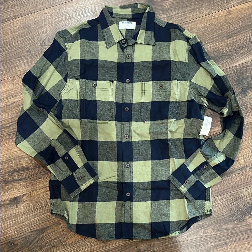 Old Navy Men's Olive and Navy Checkered Shirt